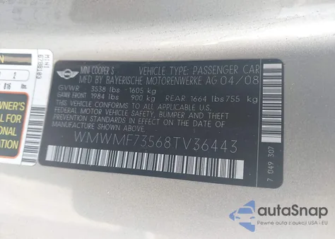 2008 Mini Cooper S z USA, uszkodzony, nr VIN WMWMF73568TV36443